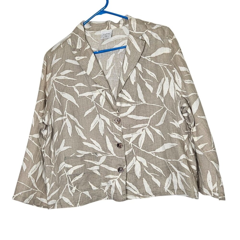 Click CMC Beige White Leaf Print Linen Button Blazer‎ Jacket USA L Lagenlook